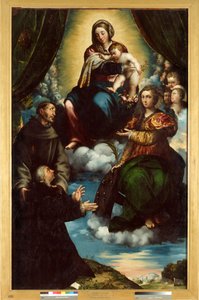 Madonnan och barnet, Saint Catherine of Alesandria, Saint Francis och Pietro Martire Print