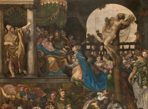 Vägg mittemot motfasaden på södra tvärskeppet, Giuseppe Campi, Triumph of Mordecai 1567, Detalj hög del av Giulio Campi