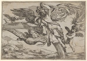 Air, representerad av Iris lutad på sin regnbåge, åtföljd av en bevingad putto-björn..., 1640-60. av Giulio Carpioni