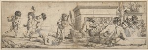 Bacchanal med spädbarnssatyrer och putti till vänster, en naken mansfigur lutar sig framför o..., 1633-78. av Giulio Carpioni