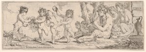 Bacchanal med satyr som spelar en lut och omgiven av fyra gestalter, som ser mot en s..., 1640-60. av Giulio Carpioni