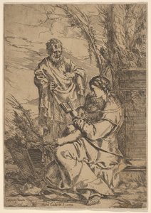 Heliga familjen med Jungfrun läser, Jungfrun sitter i profil med en bok till vänster..., 1640-60. av Giulio Carpioni