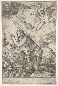 Ångerfulla Magdalen på knä på en stenig mark framför en skalle och ben, en salva ..., ca. 1640-55. av Giulio Carpioni