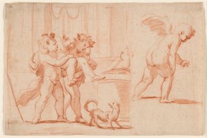 Två Putti som bär en tredje Putto; Ännu en Putto bakifrån av Giulio Carpioni