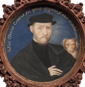 Självporträtt med hund, 1528 av Giulio Clovio