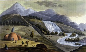 Landskap i Lappland (territorier som tillhör Norge, Sverige, Finland och Ryssland), bostäder för ursprungsbefolkningen (samer) i "" Den gamla och moderna kostymen"" av Ferrario, red. Milano