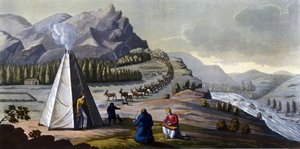 Samiskt landskap: ursprungsbefolkningar som bor i de nordliga ländernas länder (Norge, Finland, Sverige och Ryssland) gör flätade korgar, rengör fisken nära ett tält. i ""Den gamla och moderna kostymen"" av Ferrario, red. Milano