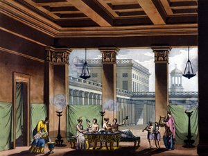 Triclinium tända oljelampor i antikens Grekland: bankettscen - i Den gamla och moderna kostymen av Jules Ferrario, ed. Milano