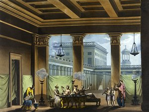 Triclinium upplyst med oljelampor i antikens Grekland: bankettscen - i "" Den gamla och moderna kostymen""" av Jules Ferrario, red. Milano
