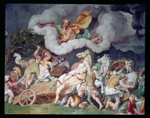 Akilles släpar Hektors kropp runt på sin vagn, detalj från taket i Sala di Troia, ca 1538 av Giulio Romano