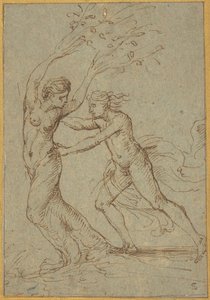 Apollo och Daphne (penna och brunt bläck på grönblått lagerpapper)