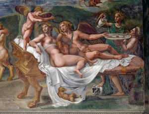 Amor och psyke med dottern Voluptas (nöje) liggande på sängen, detalj från bröllopsfest eller gudarnas bankett, fresk av Giulio Romano (1499-1546), Palazzo Te, Mantua (UNESCOs världsarvslista, 2008), Lombardiet, Italien