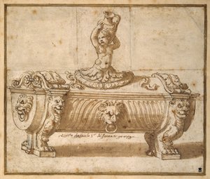 Design för en sötkartong (penna & brunt bläck med tvätt på papper) av Giulio Romano