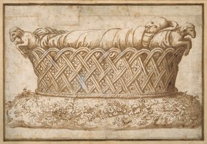 Design för ett spädbarns grav (penna & brunt bläck med brun tvätt på papper) av Giulio Romano