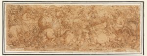 Teckning, slagfältsscen, 1524-46 av Giulio Romano
