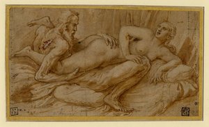 Erotisk scen av Romano, Giulio (1499-1546), efter 1524 - Penna, pensel, brunt indiskt bläck, vit färg, svart krita på papper