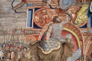 flamländsk gobeläng. Serien The Acts of Scipio. Slaget vid Zama. Serietecknaren Giulio Romano. Atelier av Balthasar van Vlierden (?), Bryssel. 1523-1532. Detalj. av Giulio Romano
