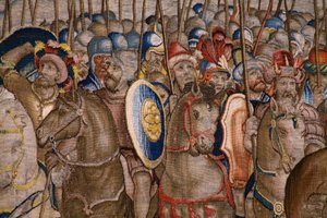 flamländsk gobeläng. Serien The Acts of Scipio: Slaget vid Zama. Serietecknaren Giulio Romano. Atelier av Balthasar van Vlierden (?), Bryssel. 1523-1532. Detalj. av Giulio Romano