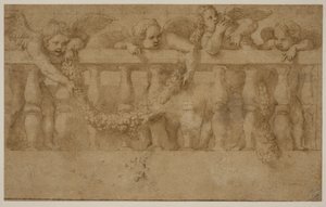 Fyra bevingade putti dekorerar en balustrad med girlanger av Giulio Romano