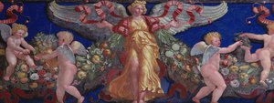 Fris från Camera con Fregio di Amorini Chamber of the Cupid Frisdetalj av en ängel i en gyllene klänning med spridda vingar, fresk från 1520-talet av Giulio Romano