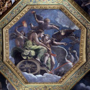 Den rasande Venus ger Psyche till Amor för att straffa henne. Freskomålning av Giulio Pippi de
