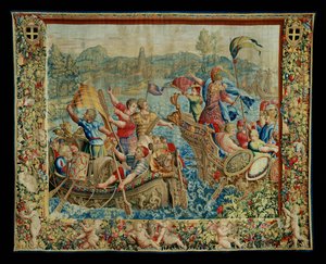 Historien om Scipio: Ankomsten till Afrika, sjätte delen av gobelängen, ull och silke, gobeläng ... av Giulio Romano