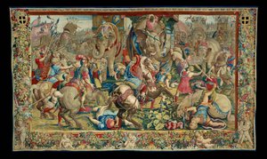 Historien om Scipio: Slaget vid Zama Hanibals nederlag, tionde stycket från gobelängen, ull och silke, gobeläng ... av Giulio Romano
