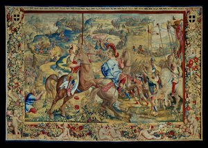 Historien om Scipio: Slaget på platån, fjärde delen av gobelängen, ull och siden, gobeläng ... av Giulio Romano