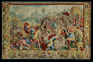 Historien om Scipio: Slaget vid Ticino, första delen av gobelängen, ull och silke, gobeläng ... av Giulio Romano