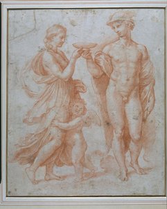Merkurius erbjuder odödlighetens kopp till Psyche (röd krita på vitt papper) av Giulio Romano