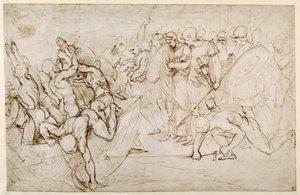 Neoptolemus tar Andromache i fångenskap efter Trojas fall (penna & brunt bläck på vitt papper) av Giulio Romano