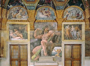 Olympia förförd av Jupiter, Polyphemus vaktar Acis och Galatea, Pasiphae kommer in i kon som konstruerats av Daedalus, från Sala di Amore e Psiche av Giulio Romano