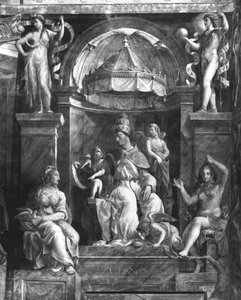Påven Leo I den store (ca 390-461) mellan två dygder, Raphael Rooms (se även 252780 och 252781) av Giulio Romano