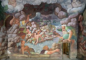 Sala dei Giganti, detalj av förstörelsen av jättarna av Jupiters åskbultar, 1536 freskdetalj av 78482 av Giulio Romano