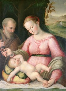 Den heliga familjen i ett bergigt landskap av Giulio Romano