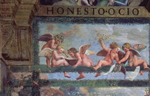 Den rustika banketten, detalj av putti som gör musik, från Sala di Amore e Psiche, 1528 freskdetalj från 78428 av Giulio Romano