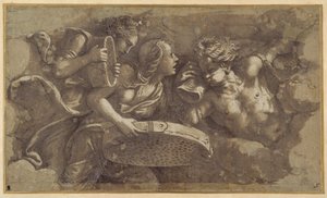 Vestal Tuccia med silen (penna & brunt bläck med brunt tvätt på papper) av Giulio Romano
