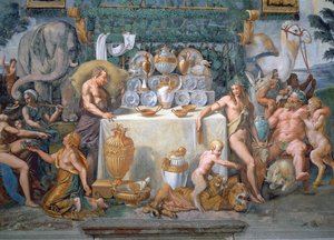 Den ädla banketten för att fira Amors och Psyches bröllop, detalj som visar Dionysius och Silenus till höger om ett bord med middagsserveringen, från Sala di Amore e Psiche, 1528