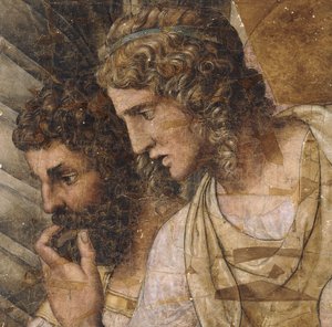 Två män, bystlängd, tittar ner: en tecknad film för en gobeläng, av Giulio Romano