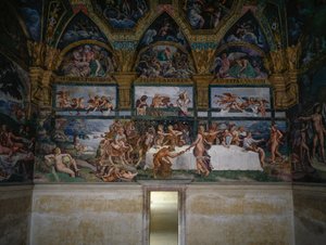 Bröllopsfest eller gudarnas bankett, fresk av Giulio Romano (1499-1546), västra väggen i Amors och Psyches kammare, Palazzo Te, Mantua (UNESCO:s världsarvslista, 2008), Lombardiet, Italien av Giulio Romano