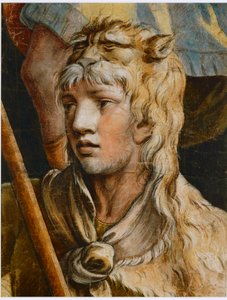 Den unge Herkules. Färgad svart krita av Giulio Romano