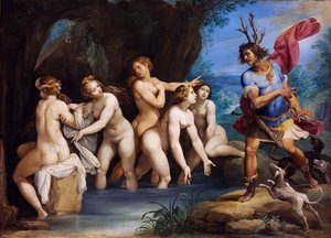 Diana och Actaeon - Målning av Giuseppe Cesari (1568-1640), olja på koppar, cirka 1604, 50x69 cm - Diana och Actaeon, Olja på koppar av Giuseppe Cesari - Szepmuveszeti Muzeum, Budapest