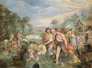 Romulus och Remus, diade av varg, hittade av Faustulus på stranden av Tibern, av Giuseppe Cesari (1568-1640), fresk, Hall of Horatii och Curiatii, Conservatories Palace, Rom, Romarriket, Italien