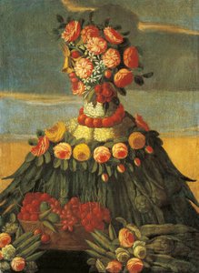 Italien, Florens, Våren, korg med körsbär med blommor av Giuseppe (follower of) Arcimboldo