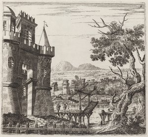 Landskap med ett slott och en vindbro
