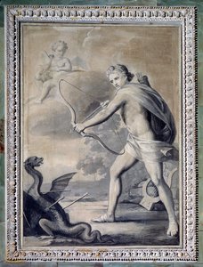Apollon dödar ormen Python (monokrom teckning av Giuseppe Bacigalupo
