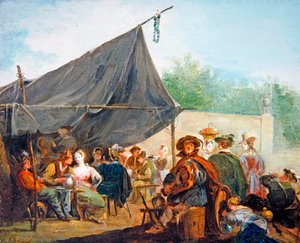 En lägerscen med figurer som dricker (olja på duk) av Giuseppe Bernardino Bison