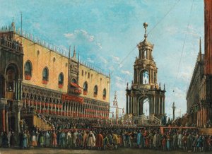 Giovedì Grasso-festivalen framför hertigpalatset i Venedig, 1830-talet.