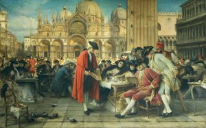 Målaren Francesco Guardi, Canalettos rival, säljer sina bilder av Giuseppe Bertini (1825-1898), olja på duk