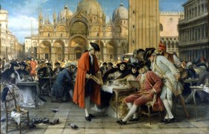 Målaren Francesco Guardi säljer sina tavlor framför kaféet Florian. 1892. Målning av Giuseppe Bertini. Galleria d